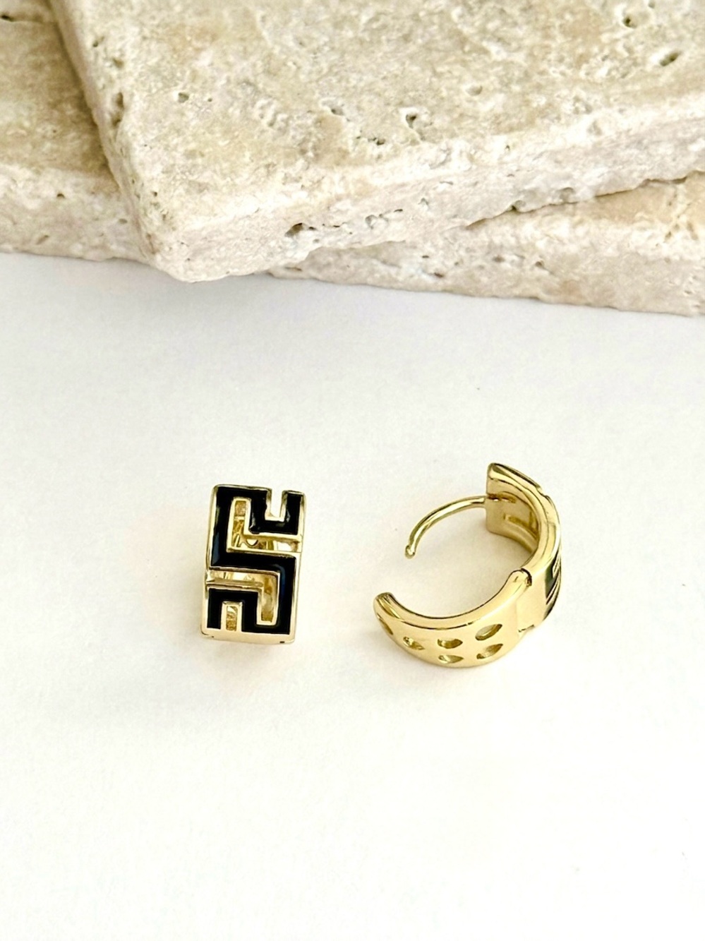 14K Gold Plated Black Enamel Greek Key Huggie Hoop Earrings | Meander Design - Picture 5 of 10